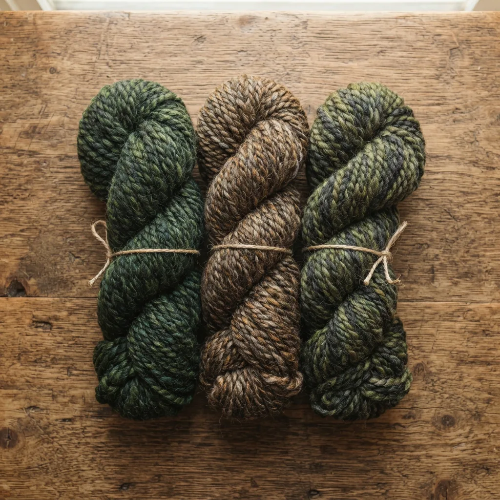 A three-skein bundle of Loops & Threads Country Loom Yarn in forest and earth tones.