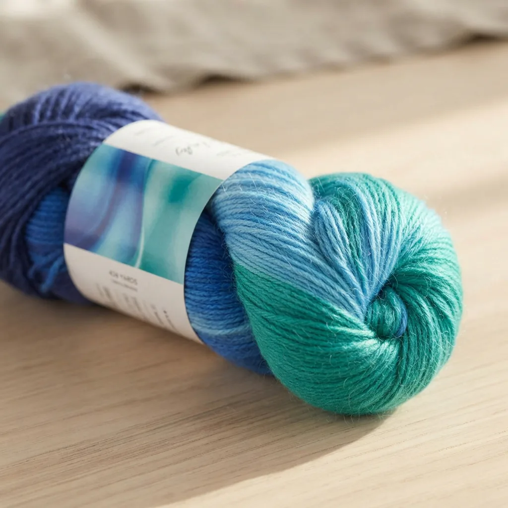 A skein of Soft Ombre yarn in a blue-to-teal gradient, with a label showing yardage details.