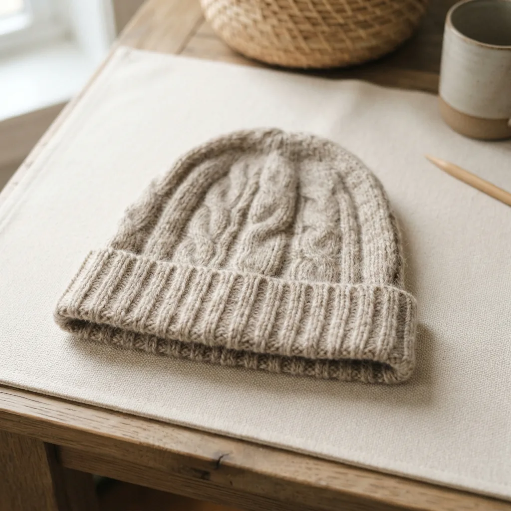A reshaped, knitted hat laid flat on a dry towel to air dry.