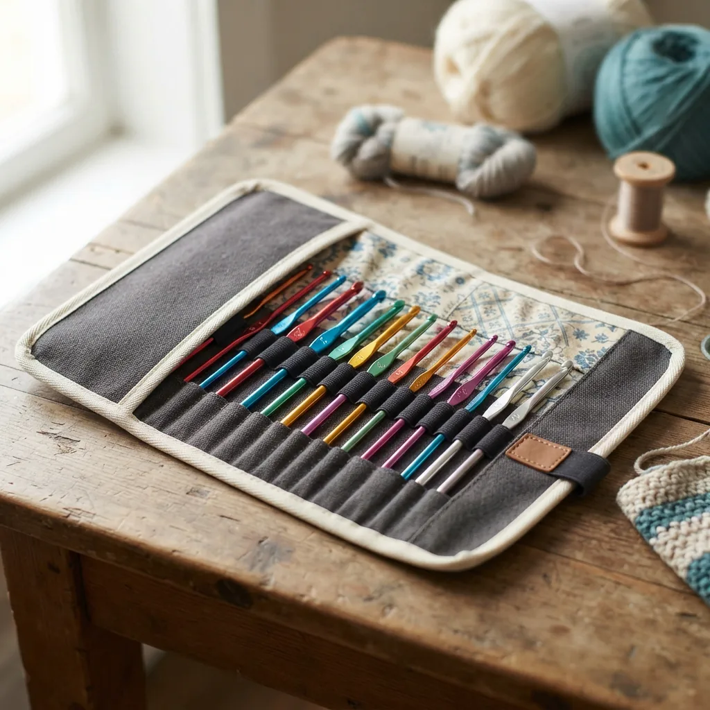 Aluminum Crochet Hook Set in an open carry case.