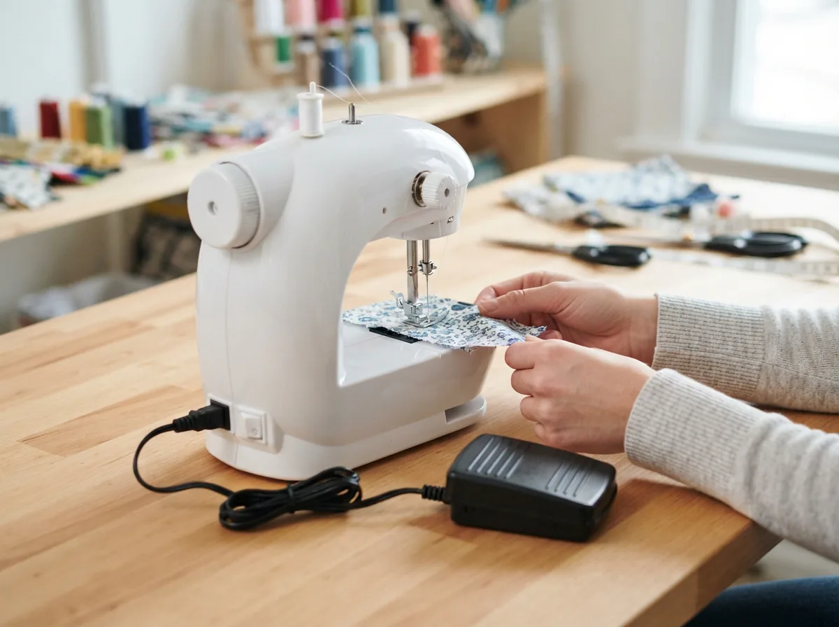 A close-up view of a compact sewing machine with its foot pedal connected and ready for use.