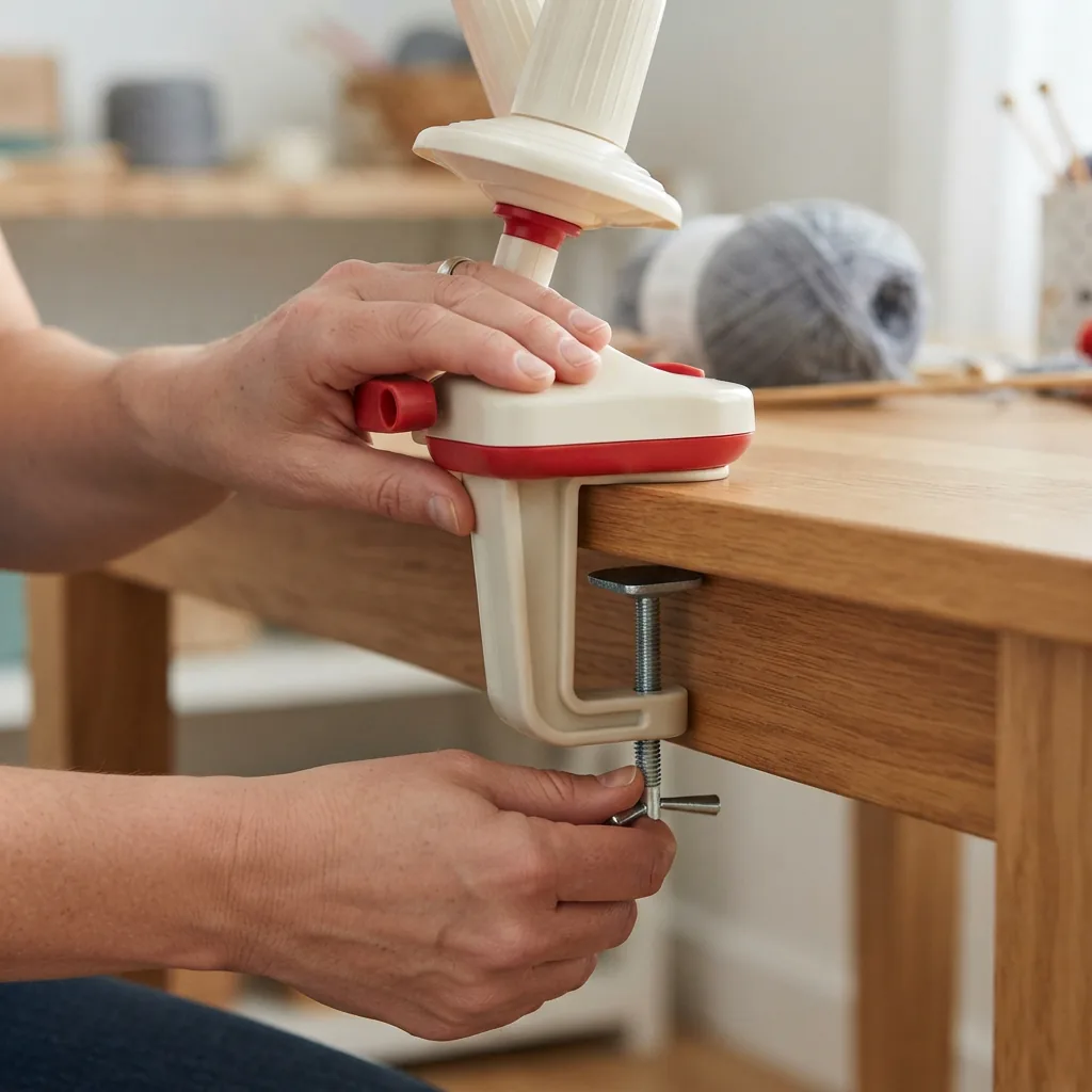 A person's hands firmly tightening the clamp of the yarn winder onto the edge of a wooden table.
