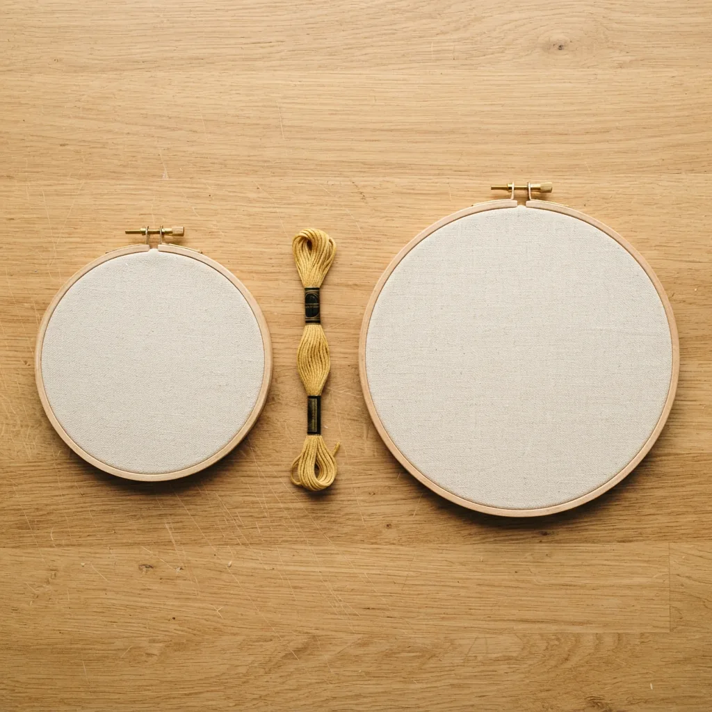Comparison of a standard 8-inch embroidery hoop and a larger 12-inch hoop on a work surface.