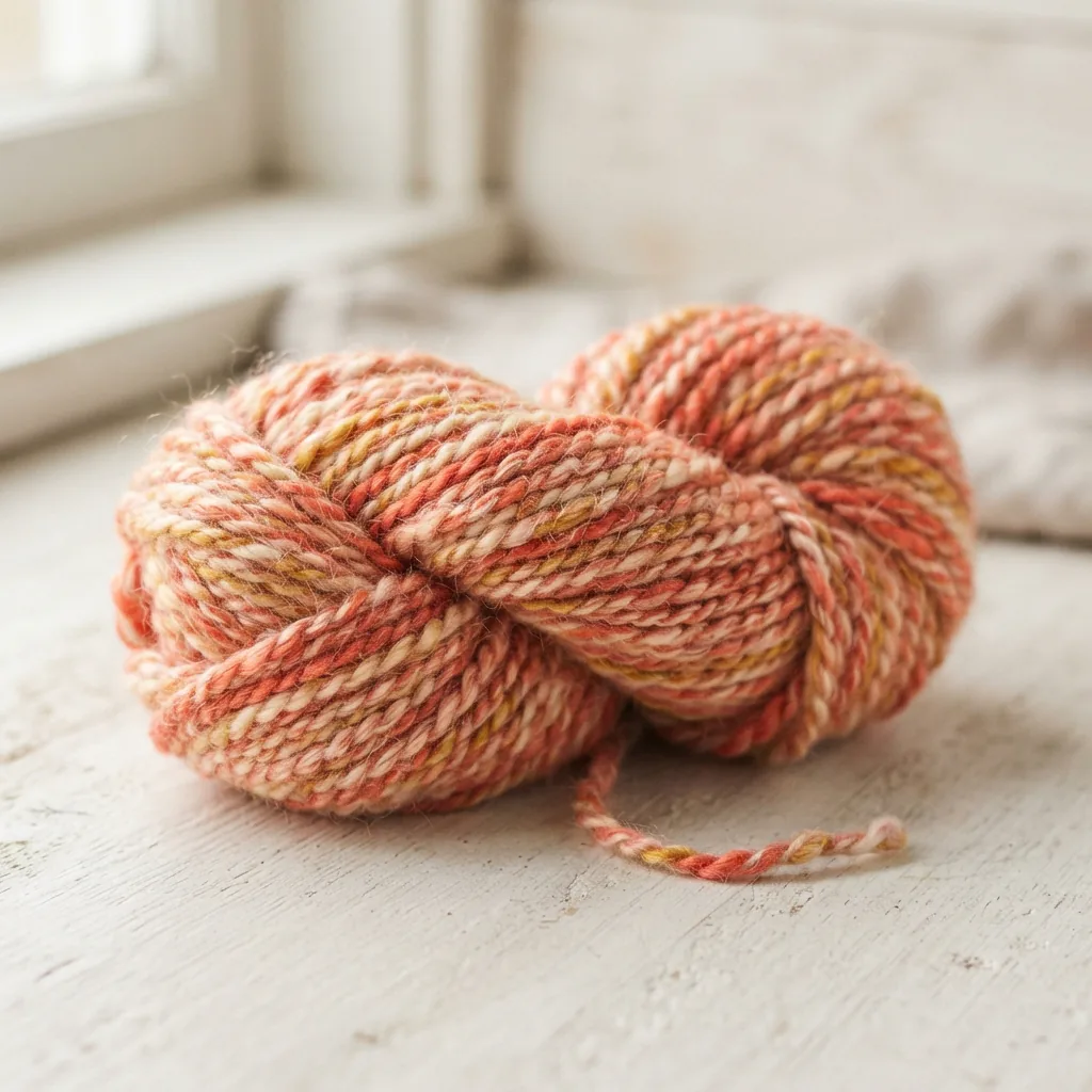 A skein of Loops & Threads Multi Marled yarn in the Sunset Blush color blend, shown on a light surface.