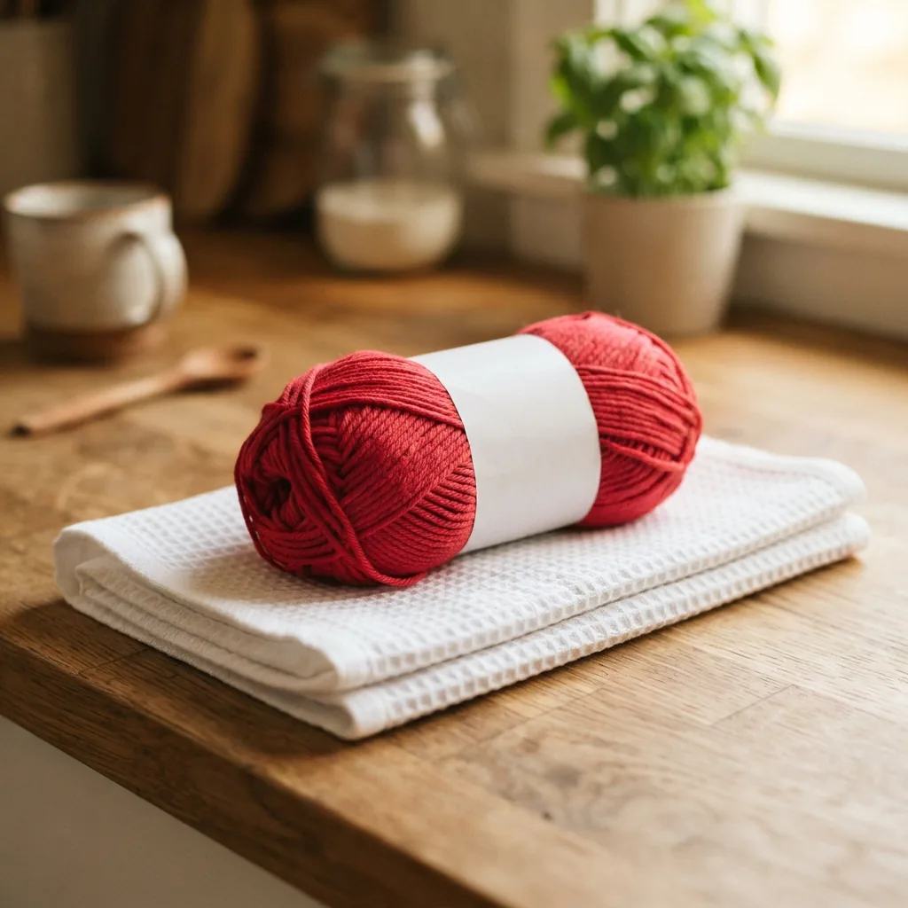A skein of Loops & Threads Classic Cotton Yarn in a warm red color, sitting on a folded white kitchen towel.