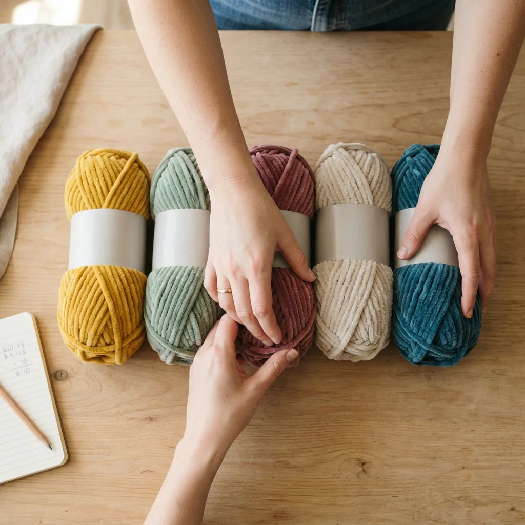 A person laying out multiple skeins of Sweet Snuggles Lite yarn on a table to count them for a project.