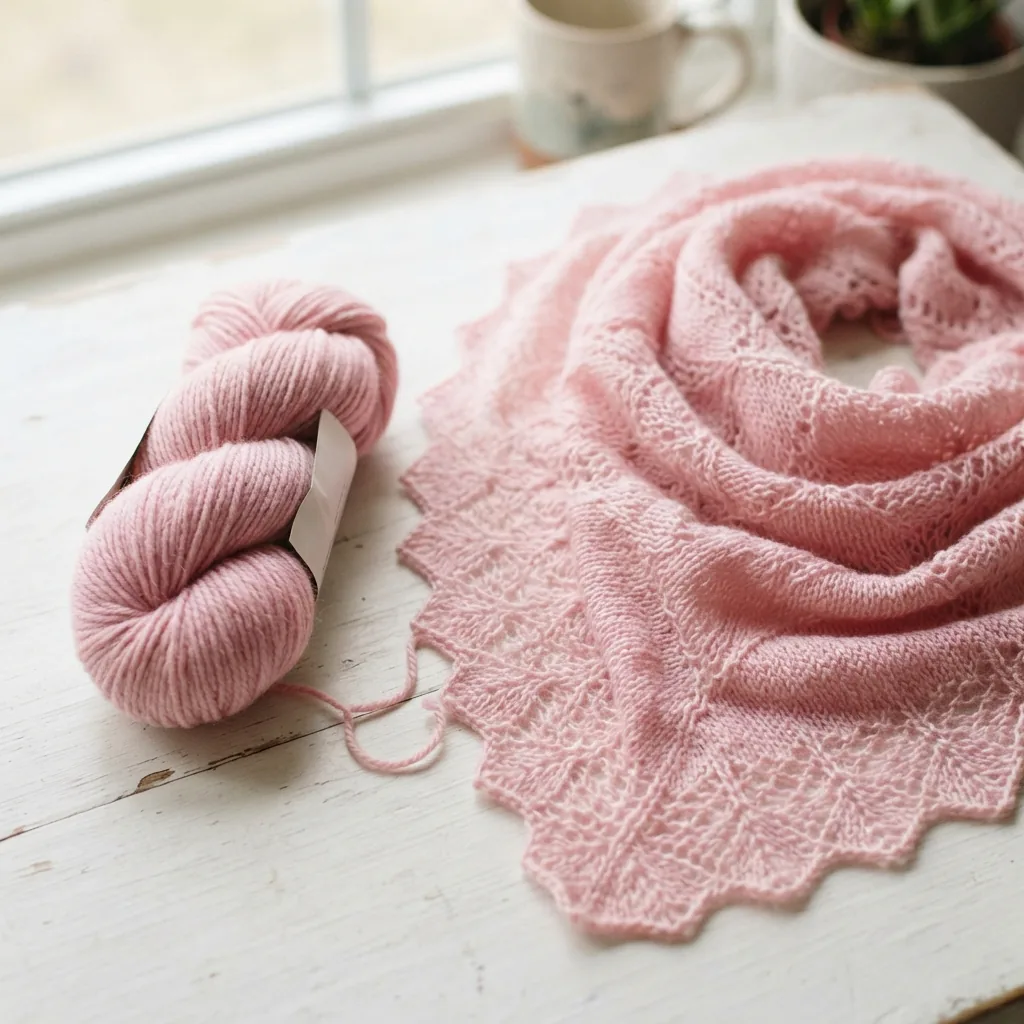 A pink skein of yarn with a soft pink knitted shawl draped nearby.