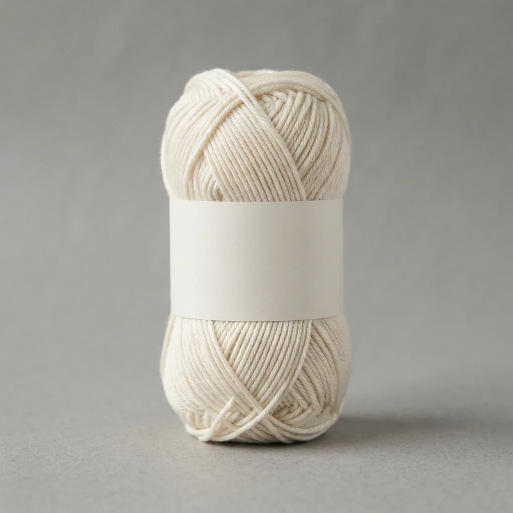 A skein of Loops & Threads Crème Cotton Yarn in a creamy off-white color, displayed upright against a neutral background.
