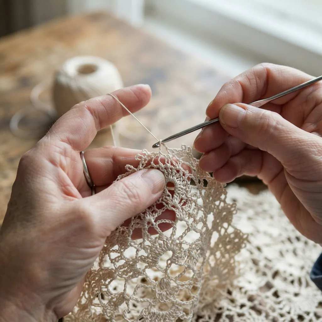 Intricate thread crochet work being done with a fine steel hook.