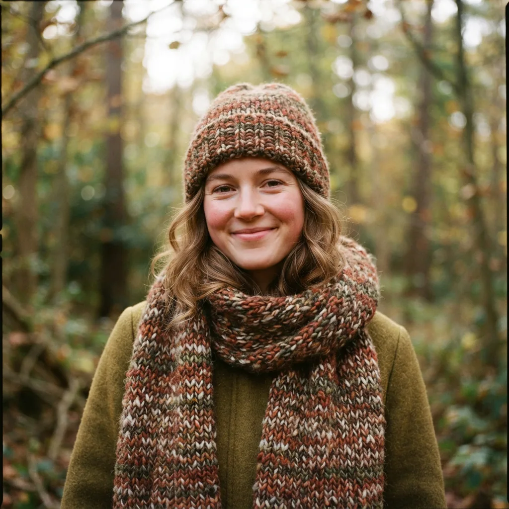 A person wearing a finished hat and scarf set made from multi-marled yarn, looking cozy.