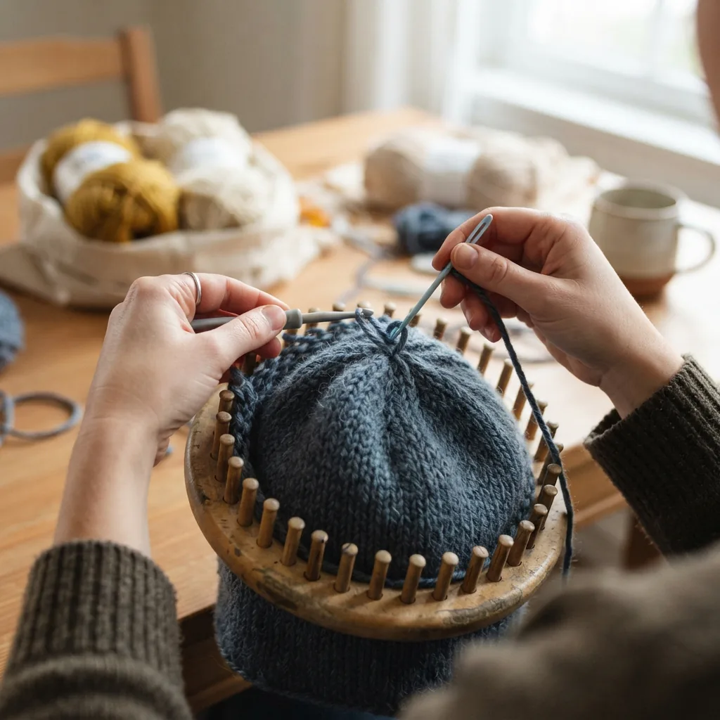 A finished knit hat being carefully removed from the loom, with the top gathered using a plastic needle.