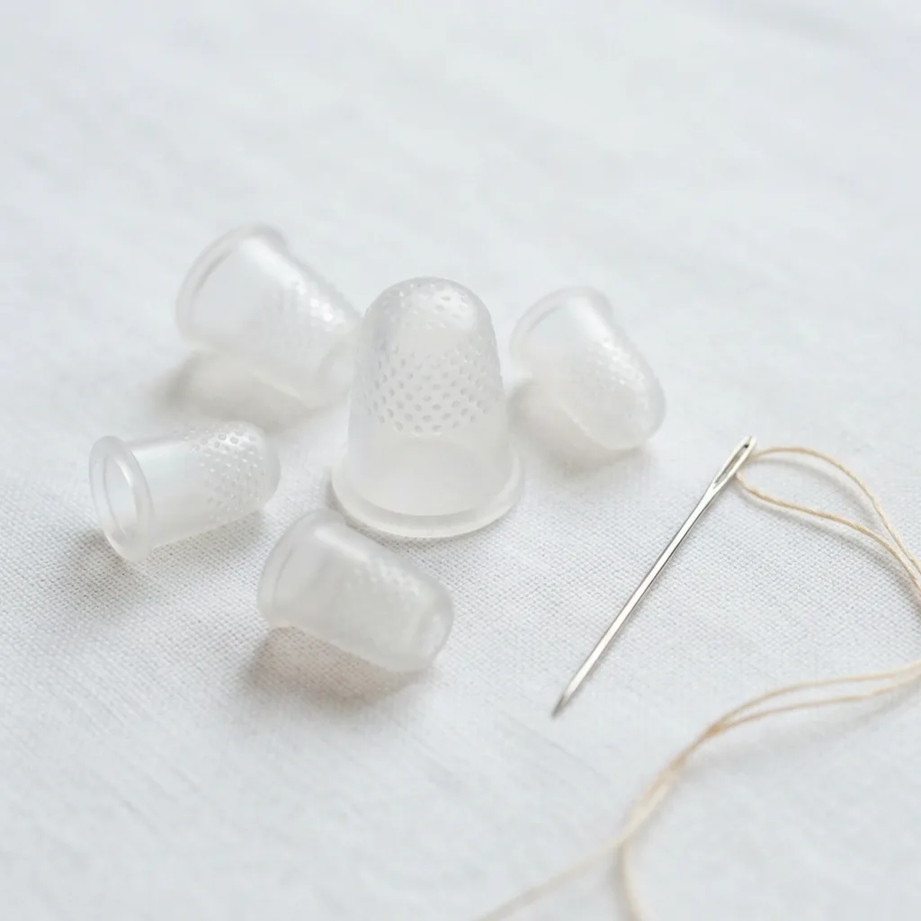 A pack of assorted clear silicone thimbles next to a sewing needle and thread.