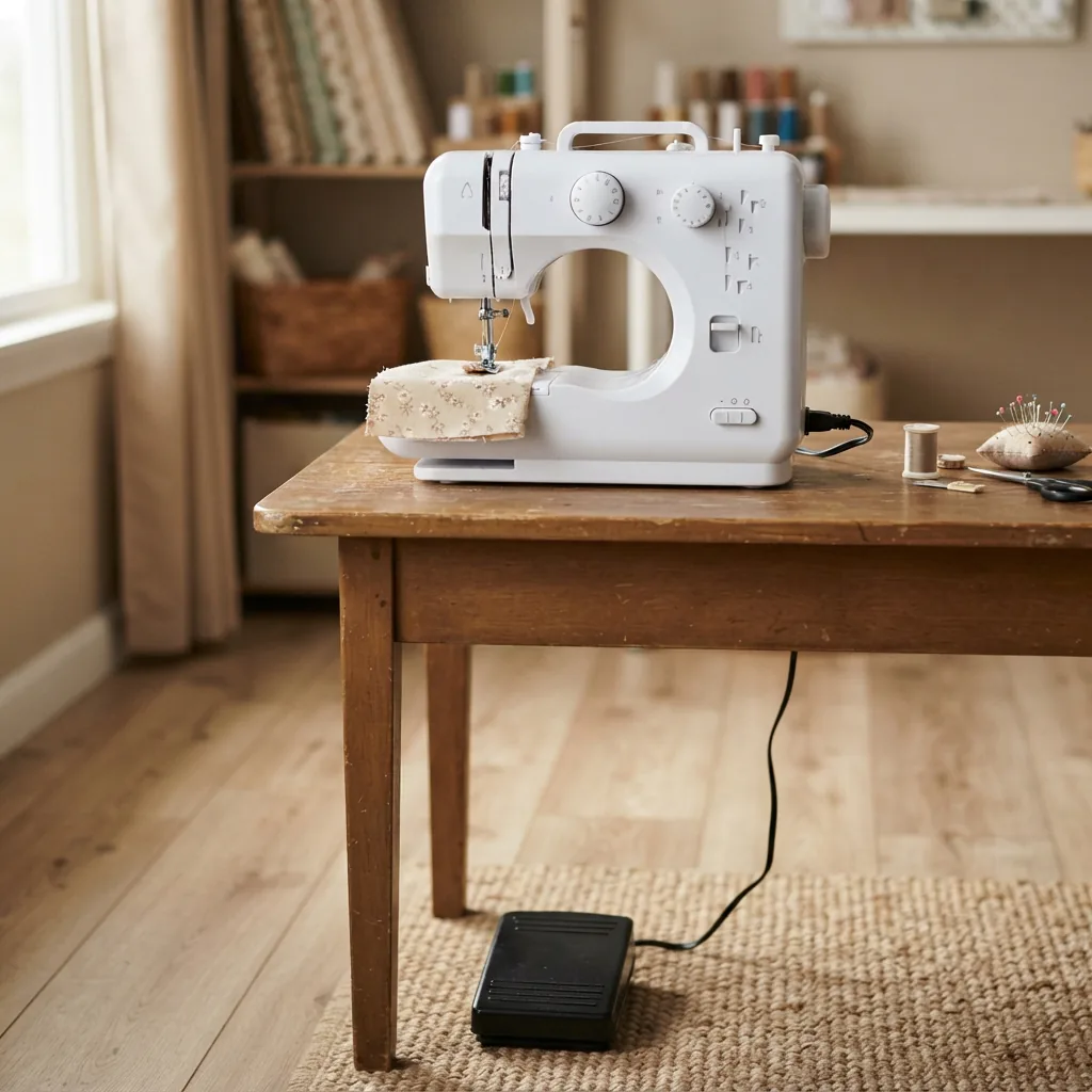 A compact sewing machine with a foot pedal placed on the floor beside the table it's sitting on.