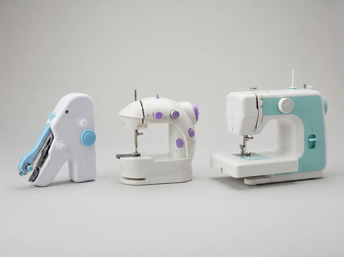 A display showing three distinct types of sewing machines: a handheld model, a compact mini model, and a more standard portable model.