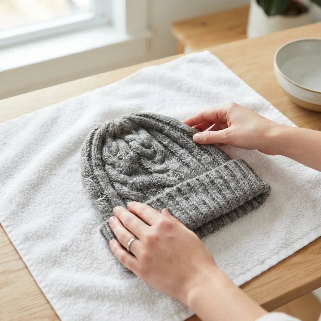 A freshly washed knitted item laid flat on a white towel to dry and reshape.
