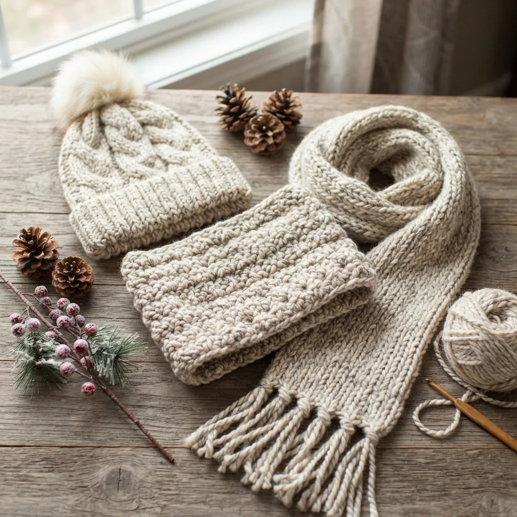 A collection of finished winter accessories like hats and scarves made with Textured Twist yarn.