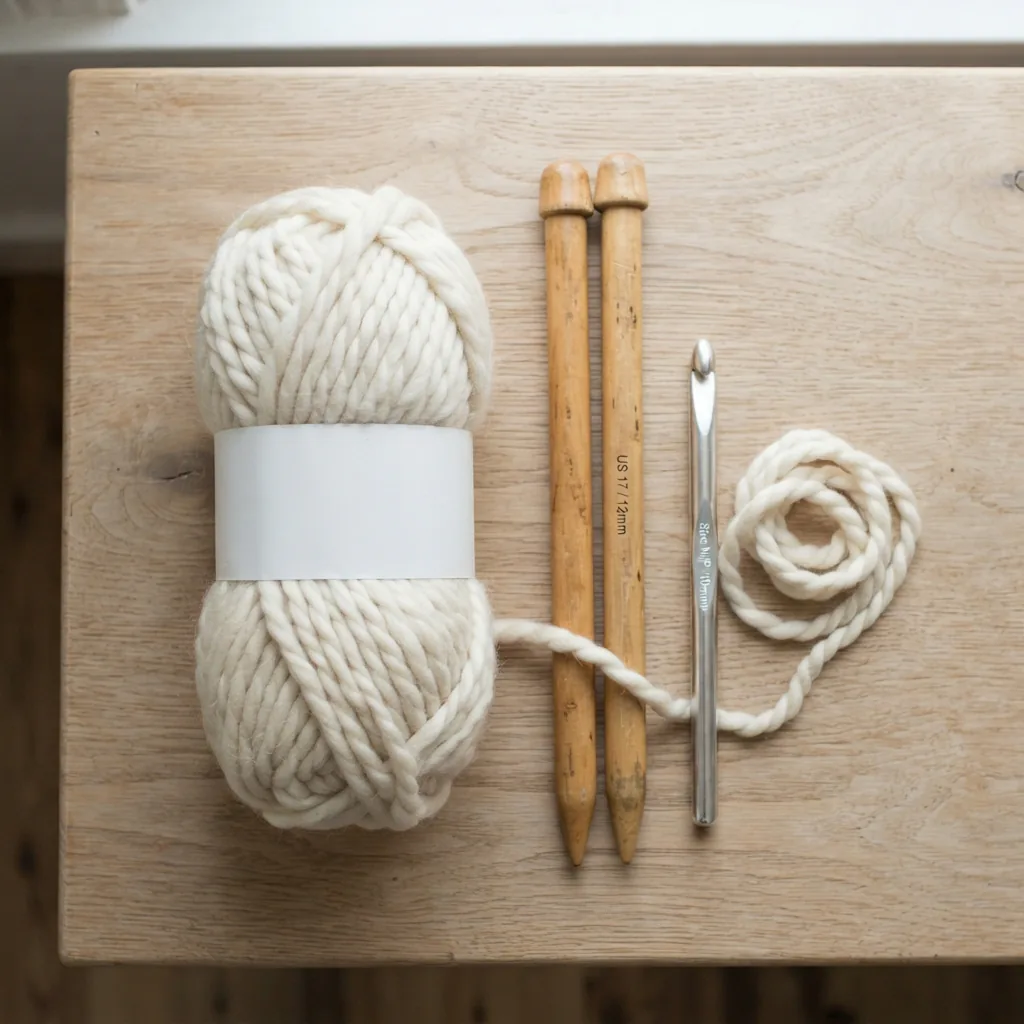 Hands holding large knitting needles and a crochet hook next to the white Free Spirit yarn.