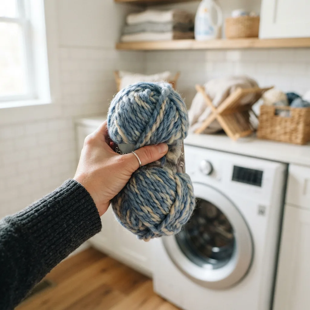 A hand gently squeezing a soft skein of Charisma yarn, with a washing machine blurred in the background.