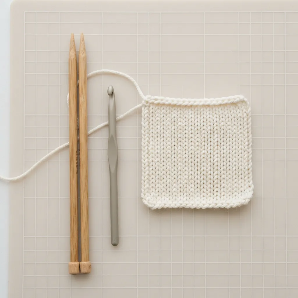 A knitting needle and crochet hook next to a swatch of Crème Cotton yarn.