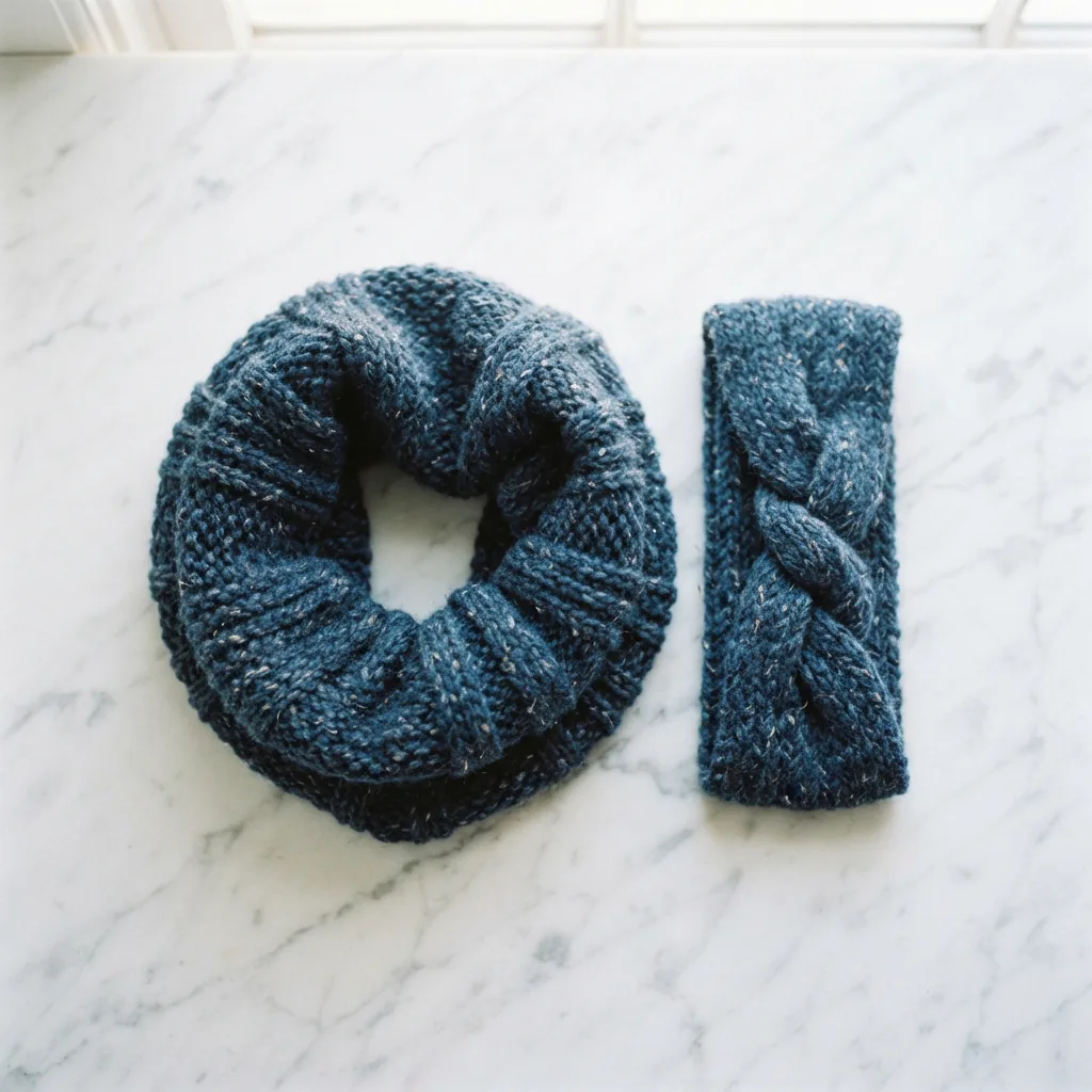 A stylish cowl and headband set knitted with heathered tweed yarn.