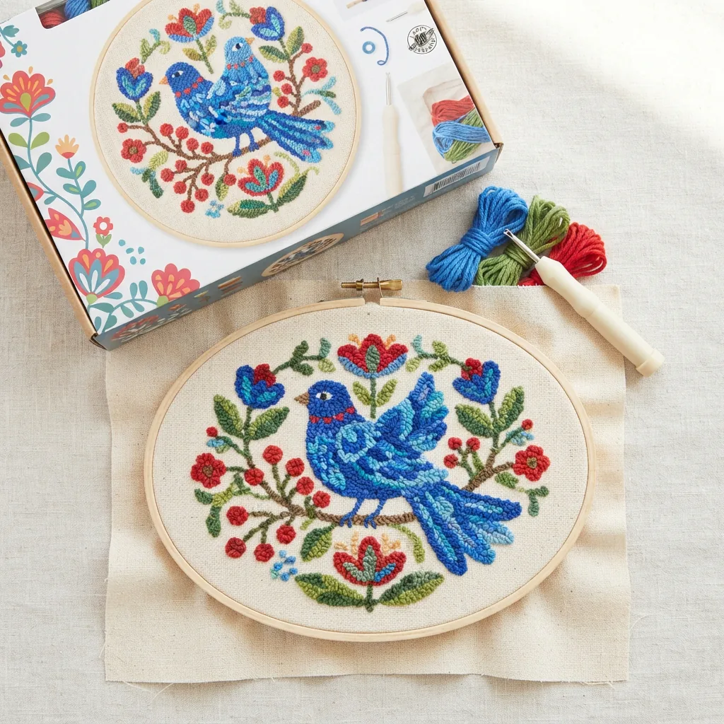 The Loops and Threads Punch Needle Kit for the Blue Bird Fraktur design, shown with its colorful, completed artwork.