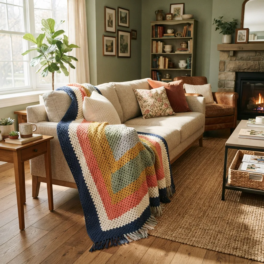 A large, crocheted throw blanket in a striped pattern of multiple colors, draped over the arm of a sofa.