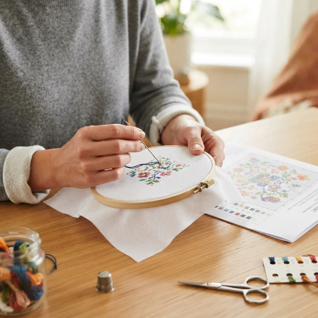 A beginner cross stitcher following a simple pattern from a Loops & Threads kit.