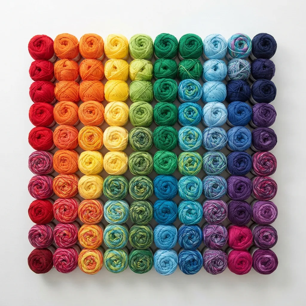 A collection of solid and variegated Loops & Threads cotton yarn balls arranged in a rainbow gradient on a white surface.