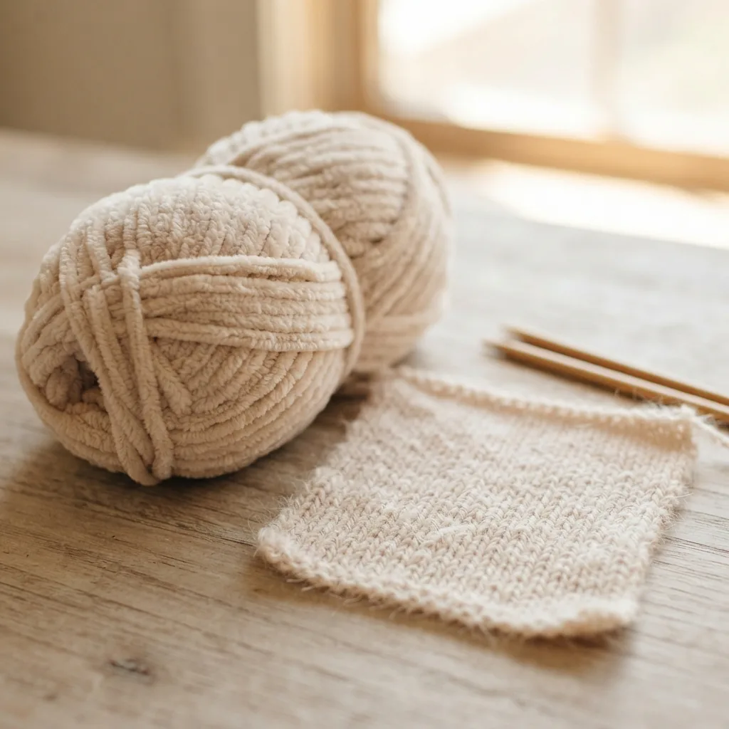 A skein of lightweight Sweet Snuggles Lite yarn shown with a delicate knitted fabric sample.