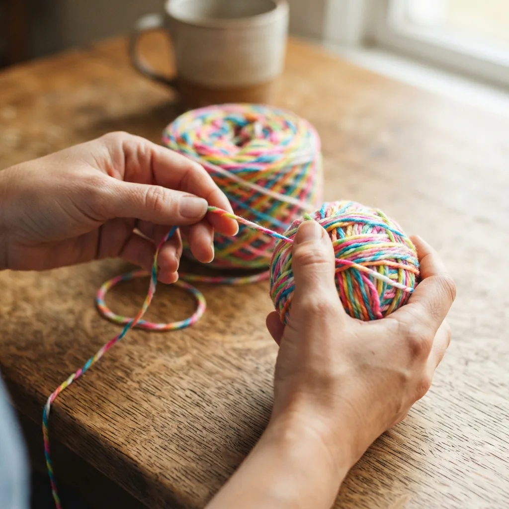 Hands winding a cake of Carousel Twist Yarn into a yarn ball.