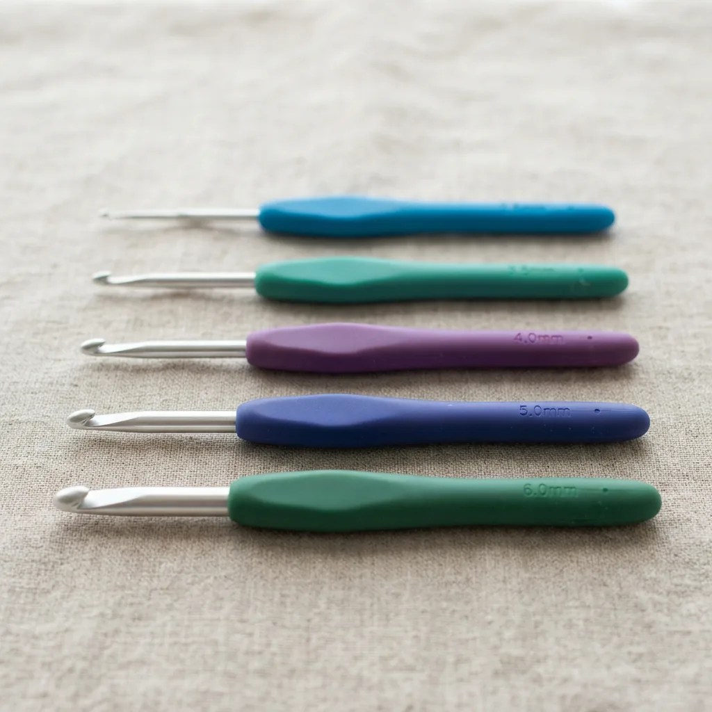 A set of crochet hooks with colorful, ergonomic rubber handles arranged in a row.