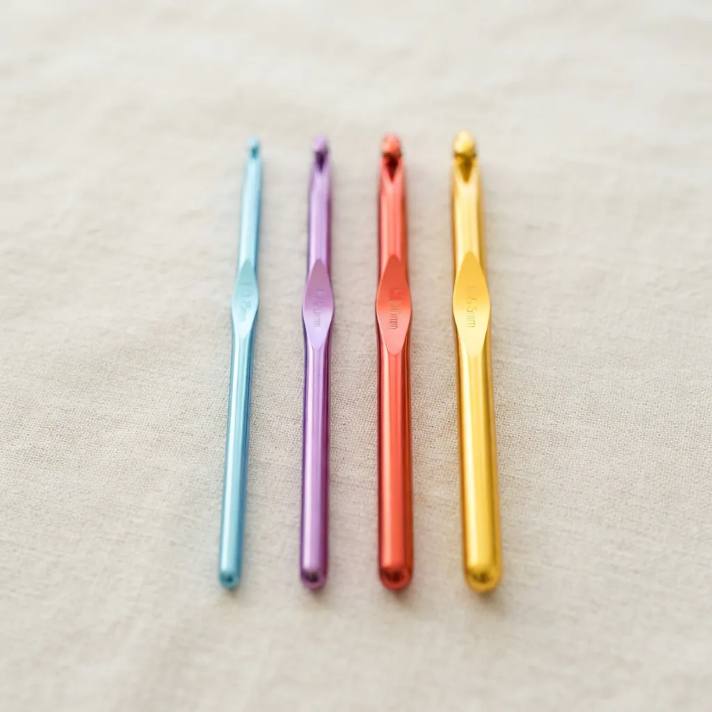Loops & Threads Anodized Aluminum Crochet Hooks Set with sizes F, G, H, and I.