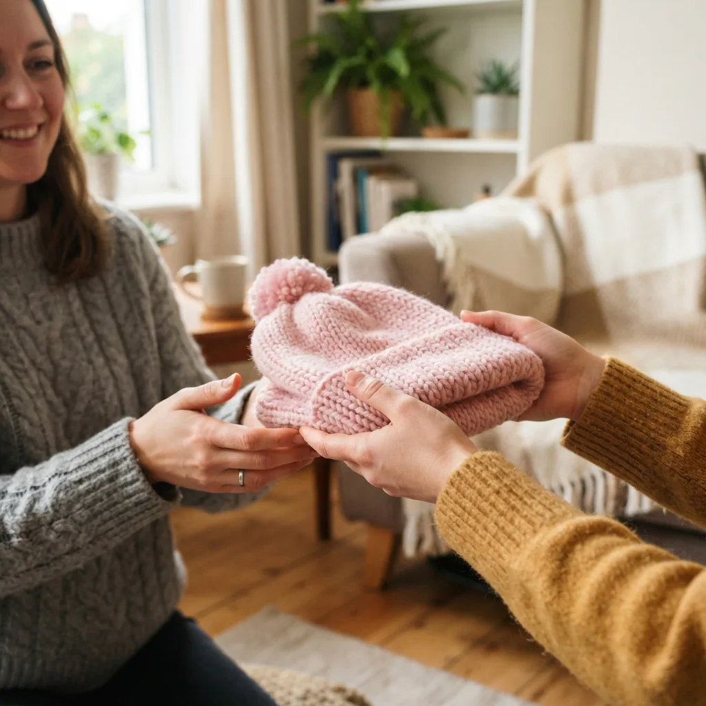 A person gifting a neatly folded, hand-knit Woolike yarn hat to a friend in a cozy indoor setting.