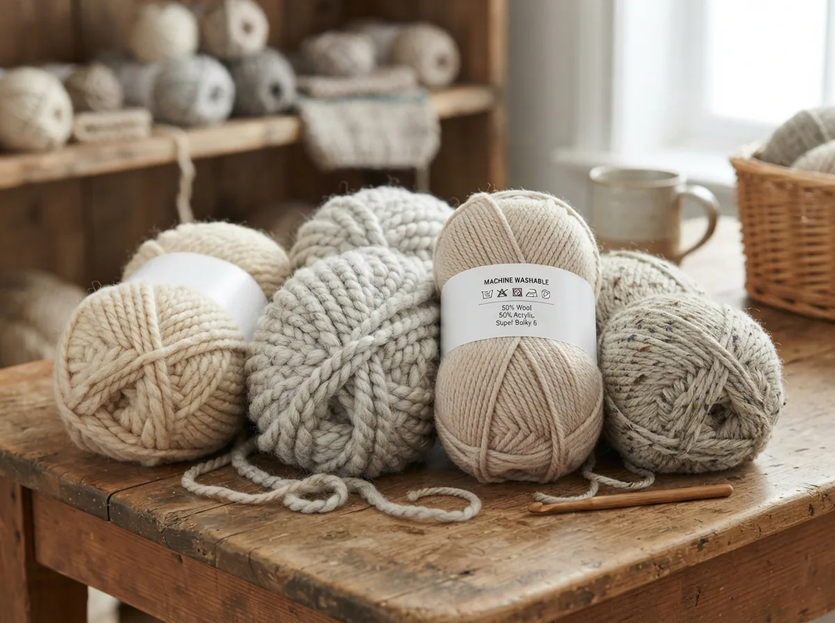 Display showing different types of Cozy Wool yarn side by side.