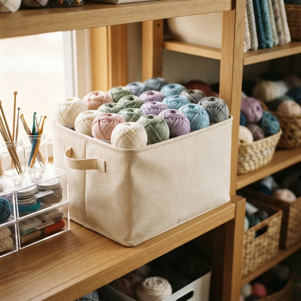 A collection of yarn skeins neatly stored in a breathable fabric bin on a shelf.
