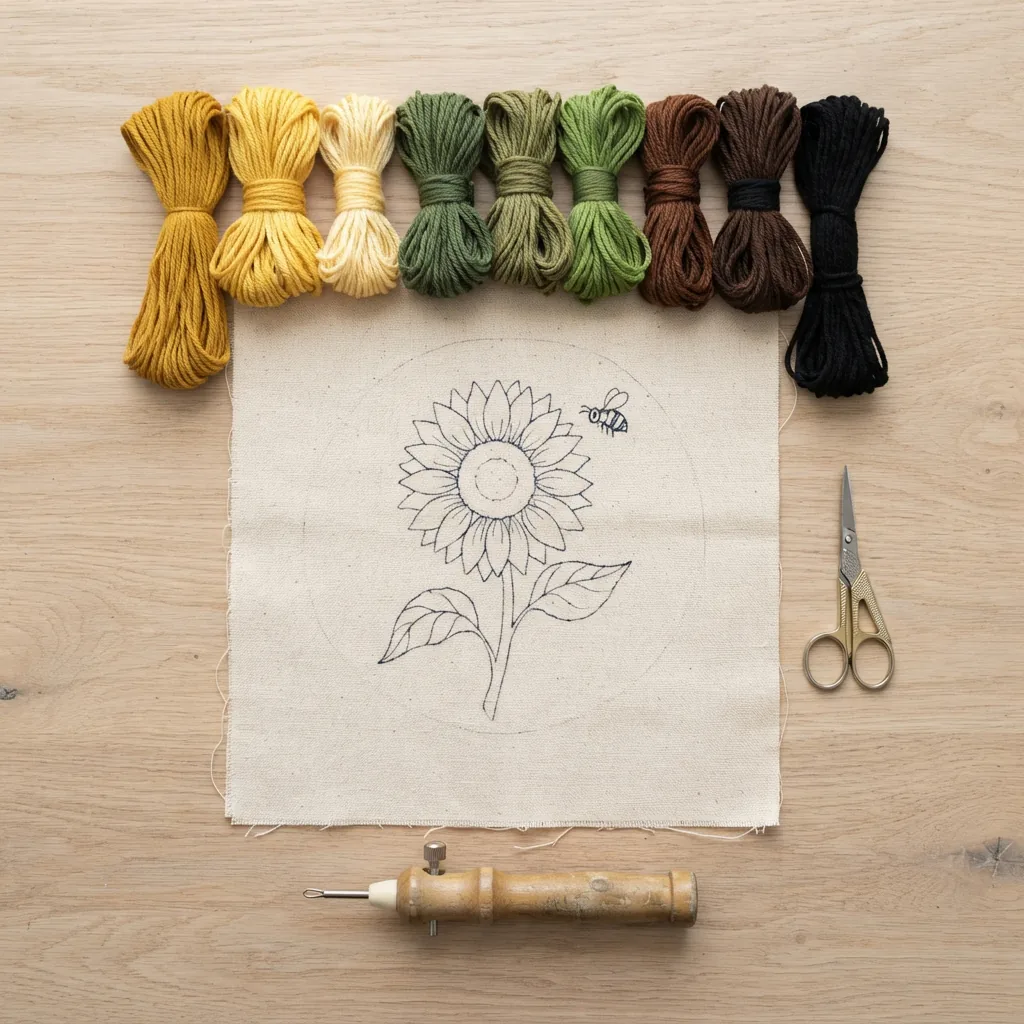 The contents of a Loops and Threads punch needle kit laid out neatly, showing the pre-printed fabric, a selection of colorful yarn skeins, a punch needle tool, and scissors.