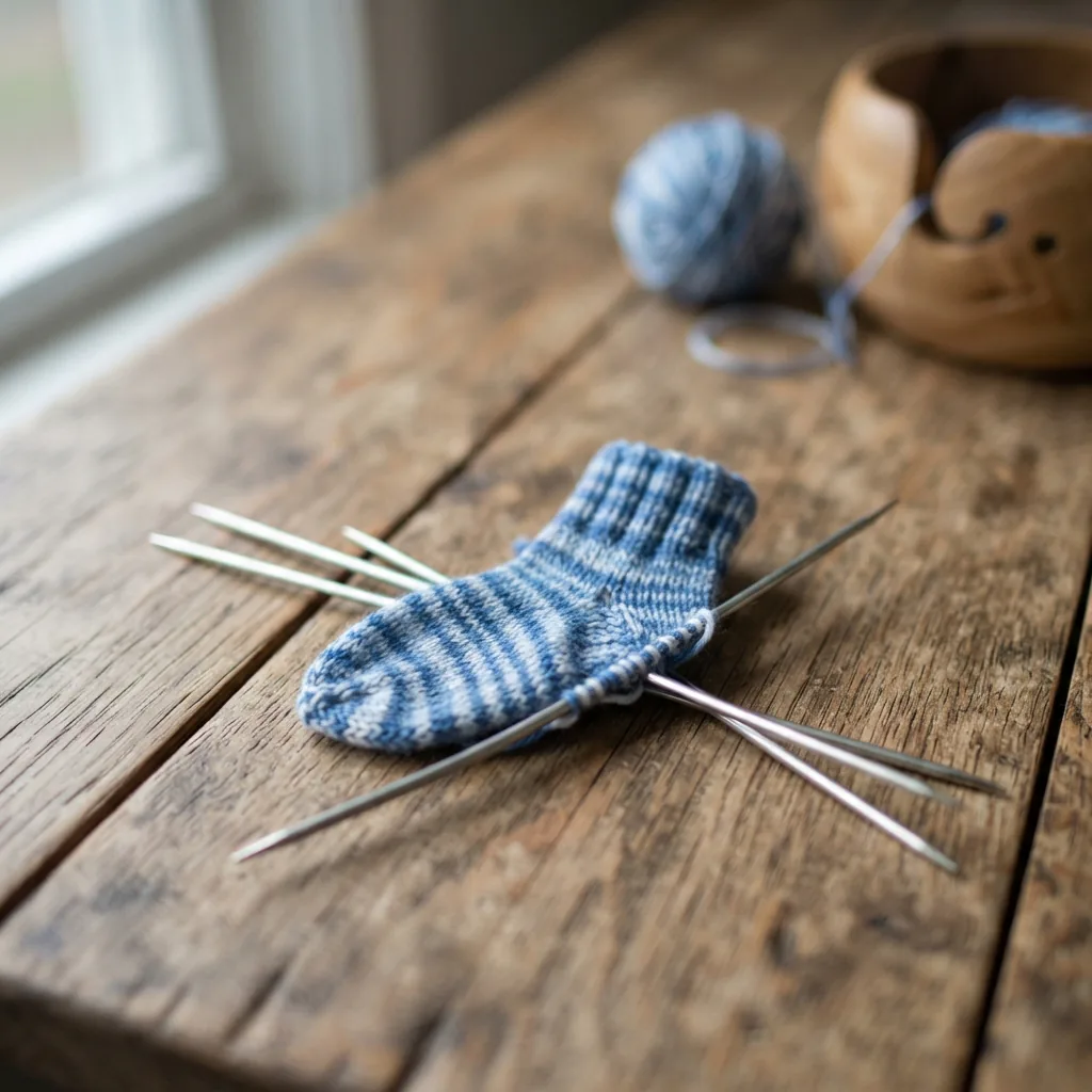 A pair of metal double-pointed knitting needles resting next to a small, partially knitted sock.