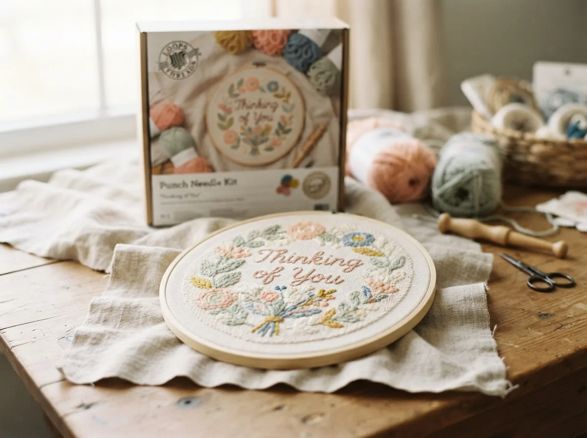 The featured Loops and Threads Punch Needle Kit for the 'Thinking of You' design, displayed with its completed, elegant project.