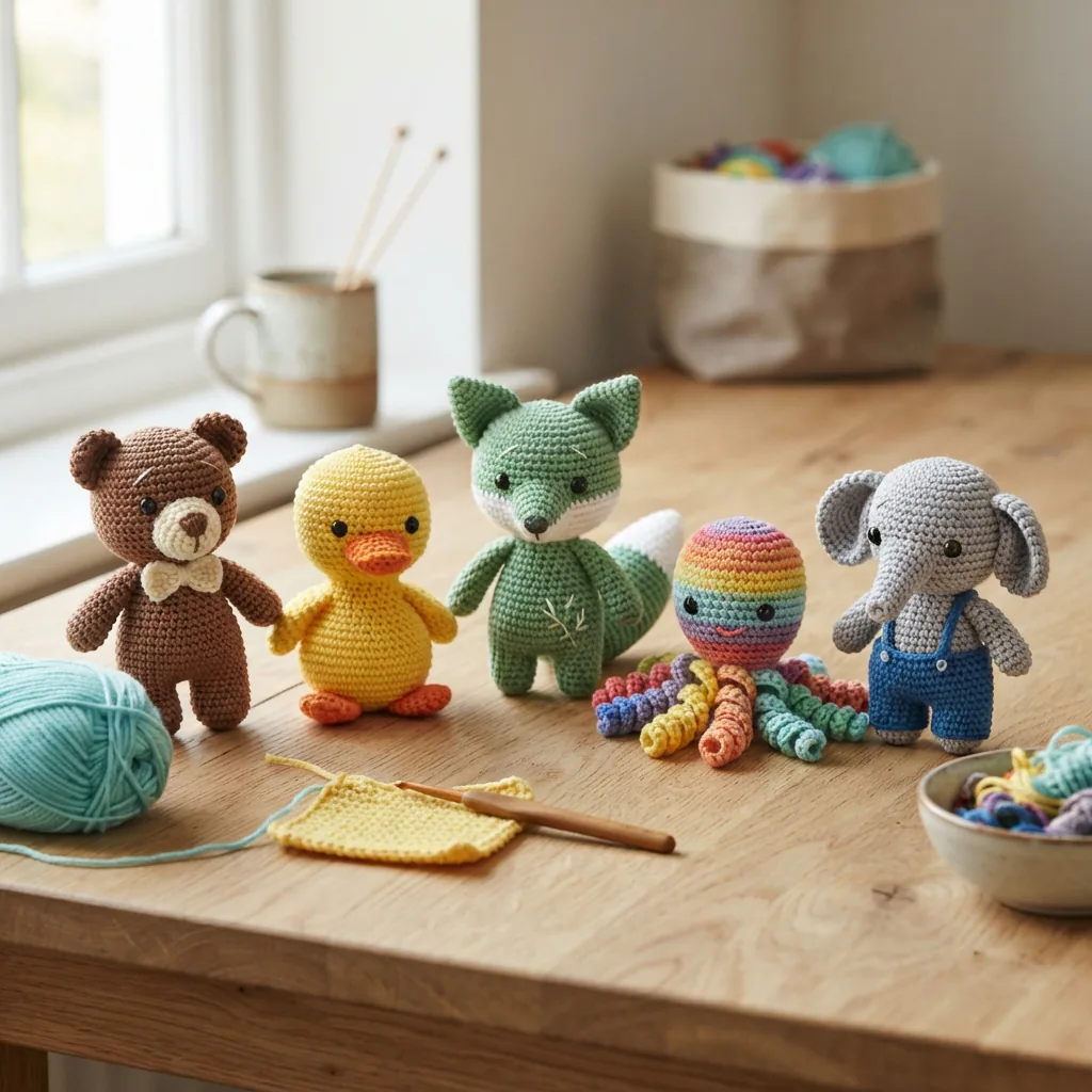 Amigurumi crochet figures made with brightly colored yarn.