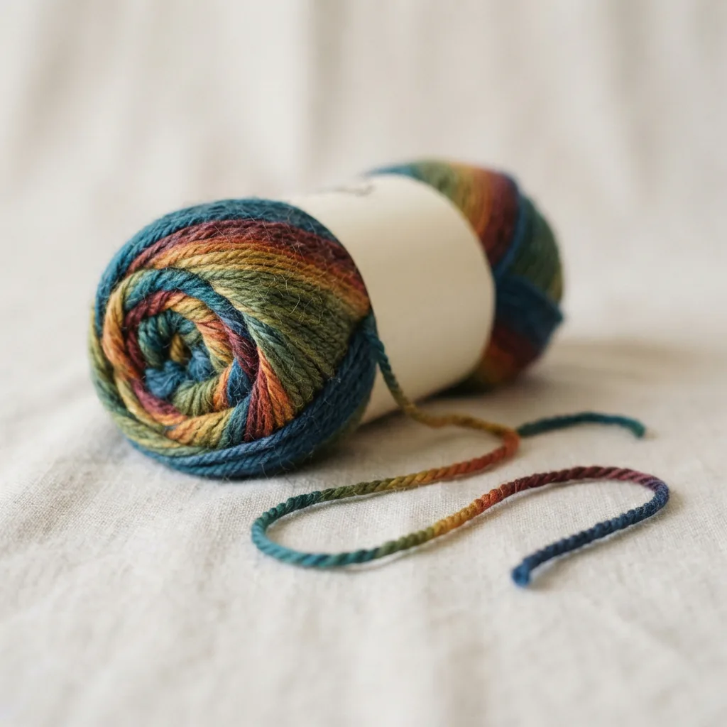 A skein of Loops & Threads Soft Classic Multi/Ombre yarn in a vibrant variegated colorway.