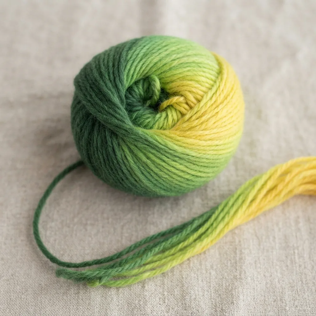 A skein of Ombre Hues yarn in a green-to-yellow gradient, shown unwound to reveal the fiber blend.
