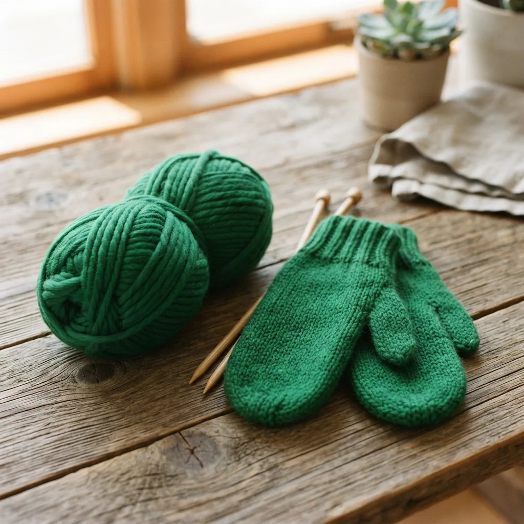 A green skein of yarn with finished green mittens on a wooden surface.