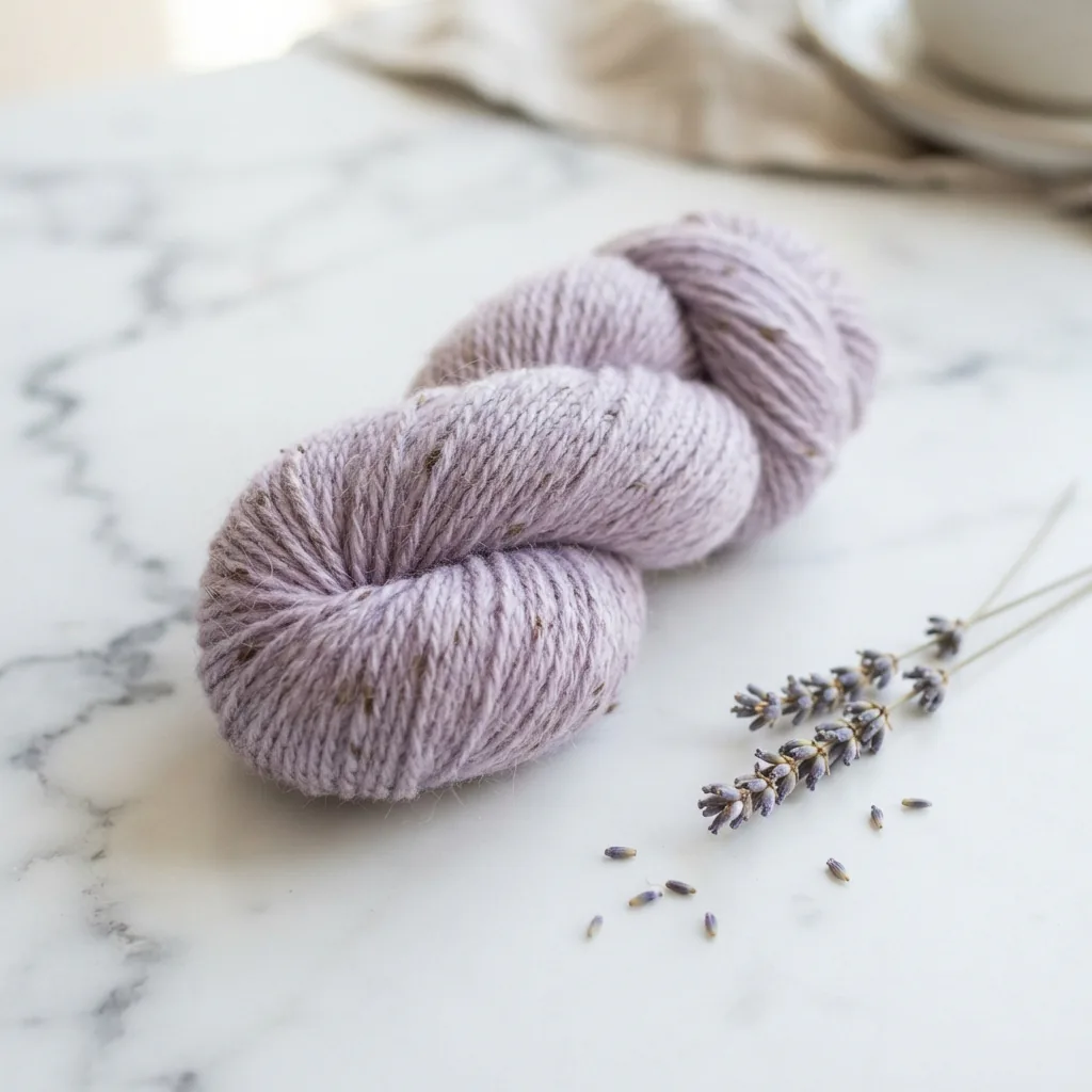 A skein of Loops And Threads Heathered Tweed Yarn in Lavender Mist with a soft lavender sprig.