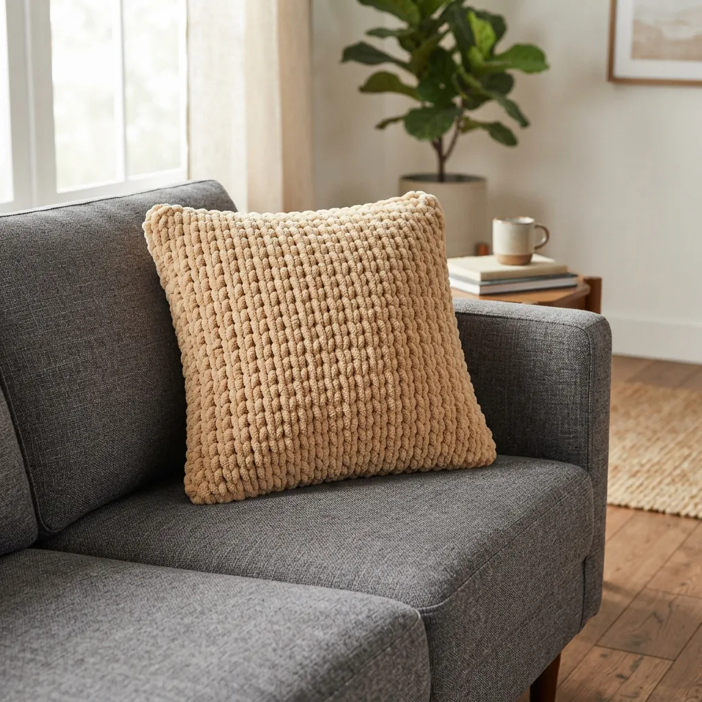 A cozy, sand-colored knitted throw pillow on a modern sofa.