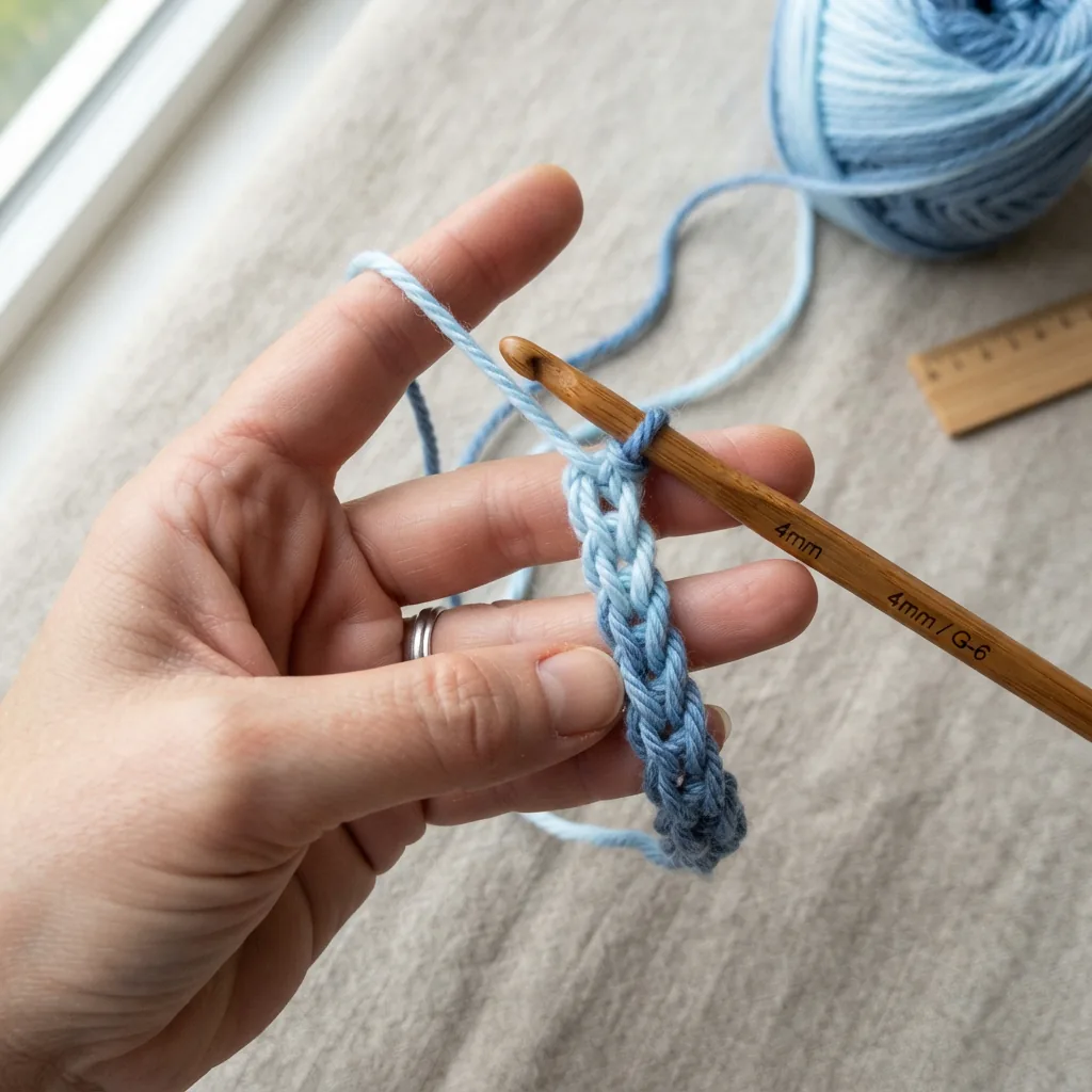Close-up of a crochet hook working with a strand of ombre yarn, showing the transition from a light to a medium shade.