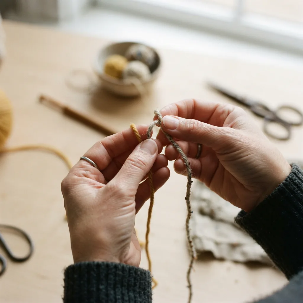 Hands working with two different yarn textures to show their feel and drape.