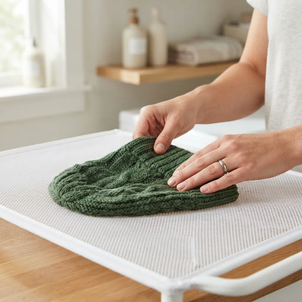 A damp, knitted Woolike yarn hat being carefully reshaped by hand on a flat, white drying rack.
