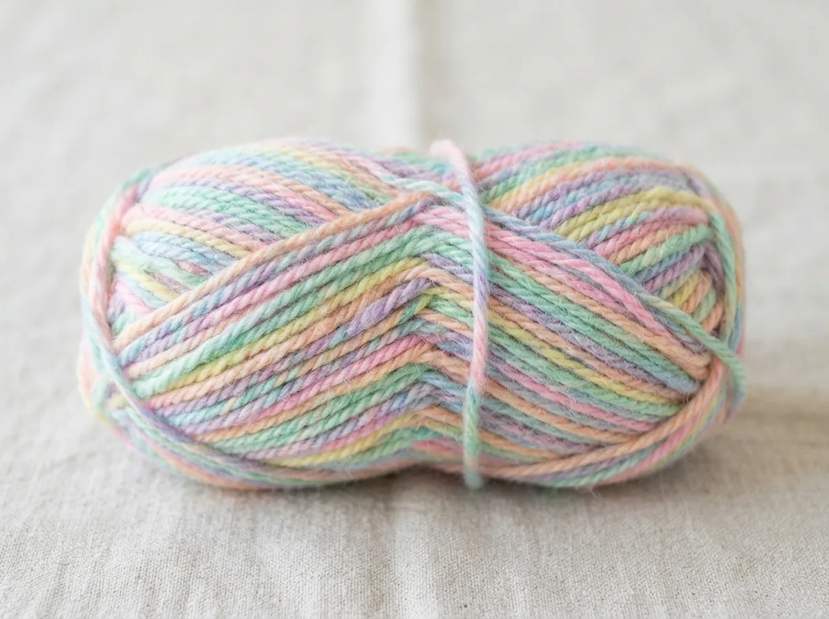 A skein of Loops & Threads Snuggly Wuggly Baby Yarn in the Pastel Medley color mix.