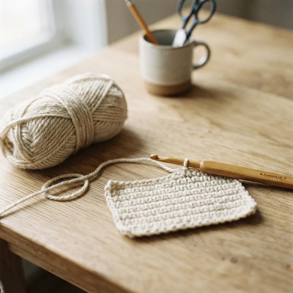 A beginner's workspace with yarn, a crochet hook, and a practice swatch.