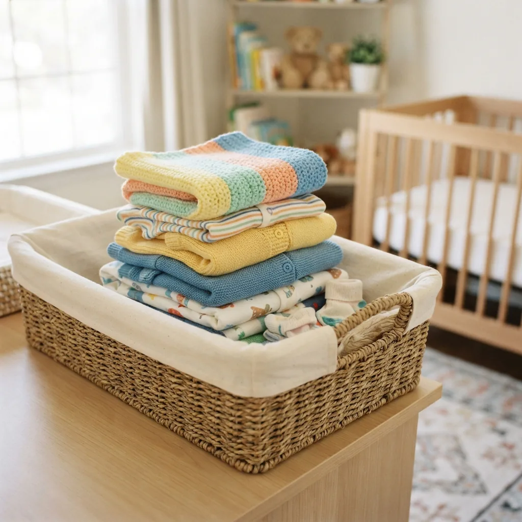 A scene suggesting easy-care projects, showing a pile of freshly laundered acrylic yarn baby clothes and blankets.